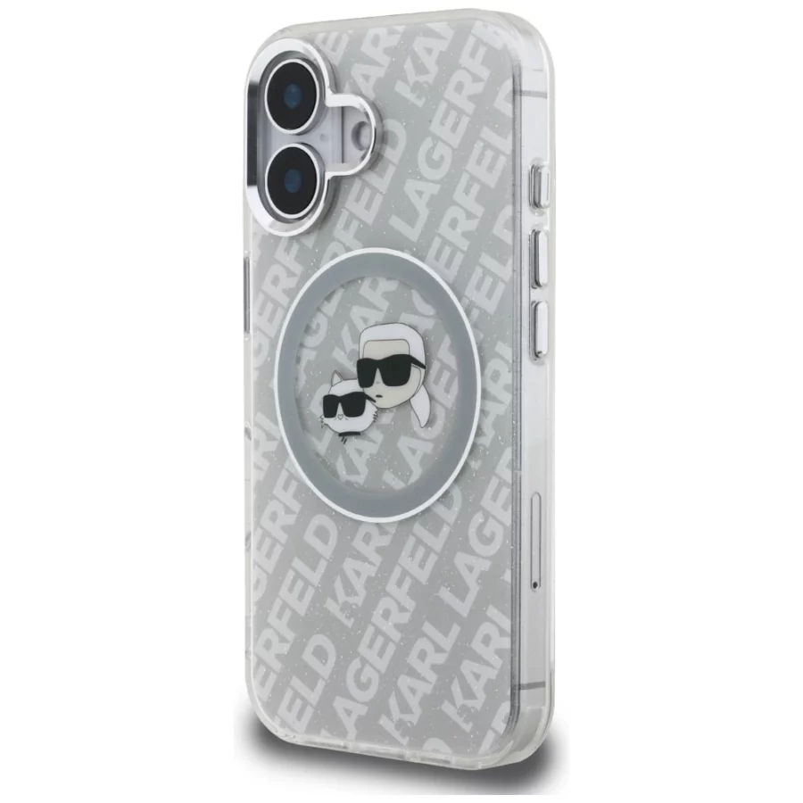 Etui Karl Lagerfeld IML Glitter Karl & Choupette Heads Logo MagSafe na iPhone 16 - szare