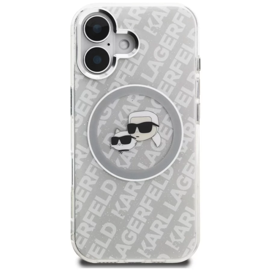 Etui Karl Lagerfeld IML Glitter Karl & Choupette Heads Logo MagSafe na iPhone 16 - szare