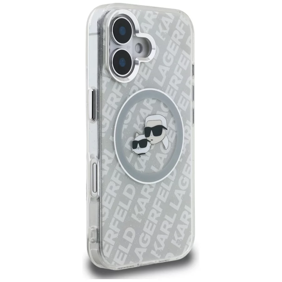Etui Karl Lagerfeld IML Glitter Karl & Choupette Heads Logo MagSafe na iPhone 16 - szare
