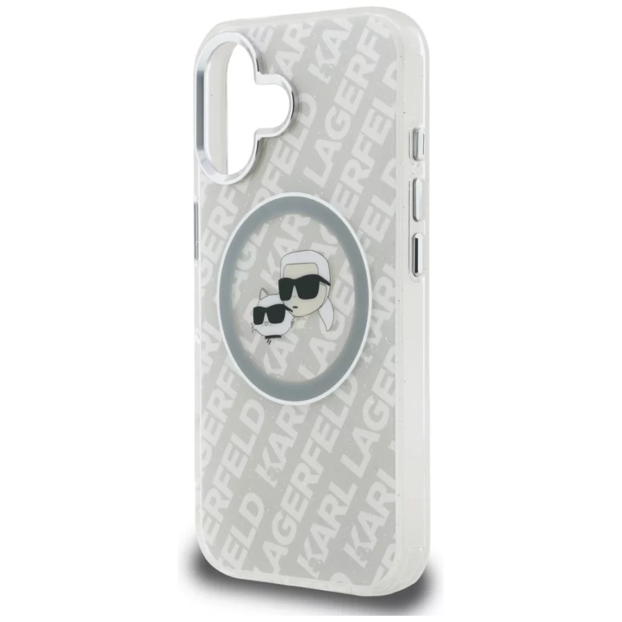 Etui Karl Lagerfeld IML Glitter Karl & Choupette Heads Logo MagSafe na iPhone 16 - szare
