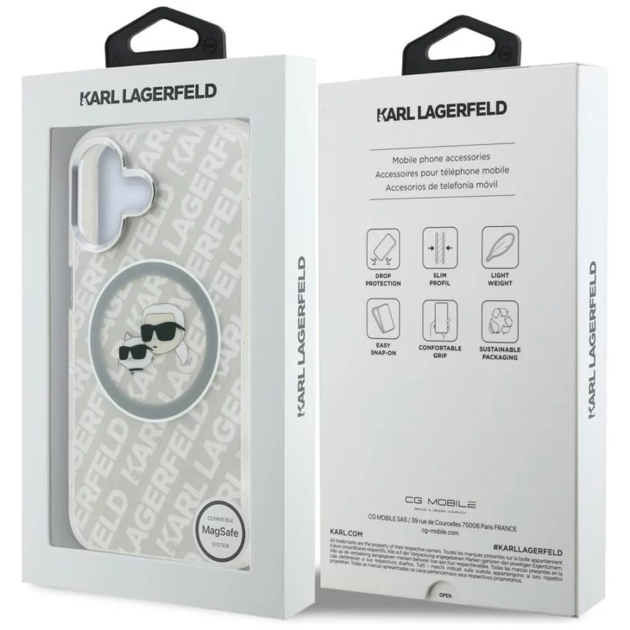 Etui Karl Lagerfeld IML Glitter Karl & Choupette Heads Logo MagSafe na iPhone 16 - szare