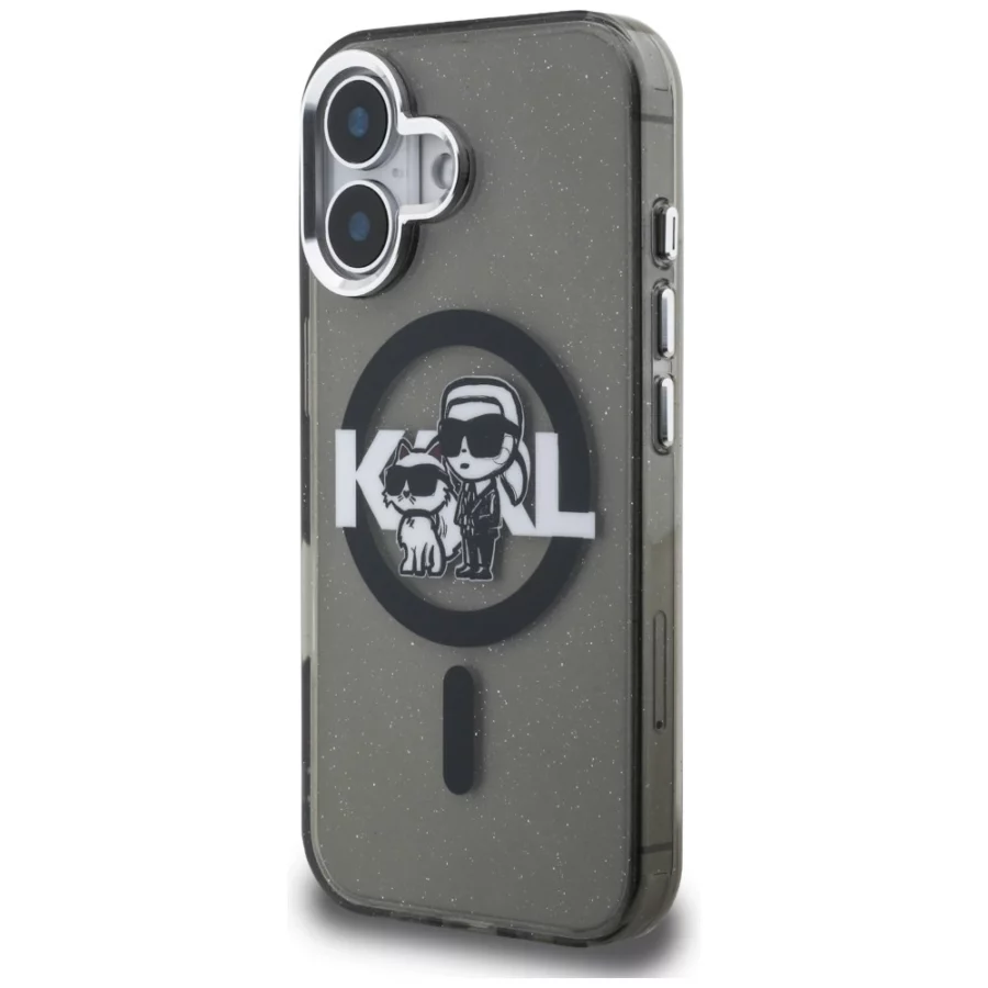 Etui Karl Lagerfeld IML Glitter Karl & Choupette Sketch Logo MagSafe na iPhone 16 - czarne