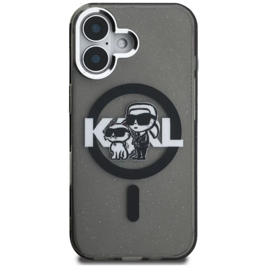 Etui Karl Lagerfeld IML Glitter Karl & Choupette Sketch Logo MagSafe na iPhone 16 - czarne