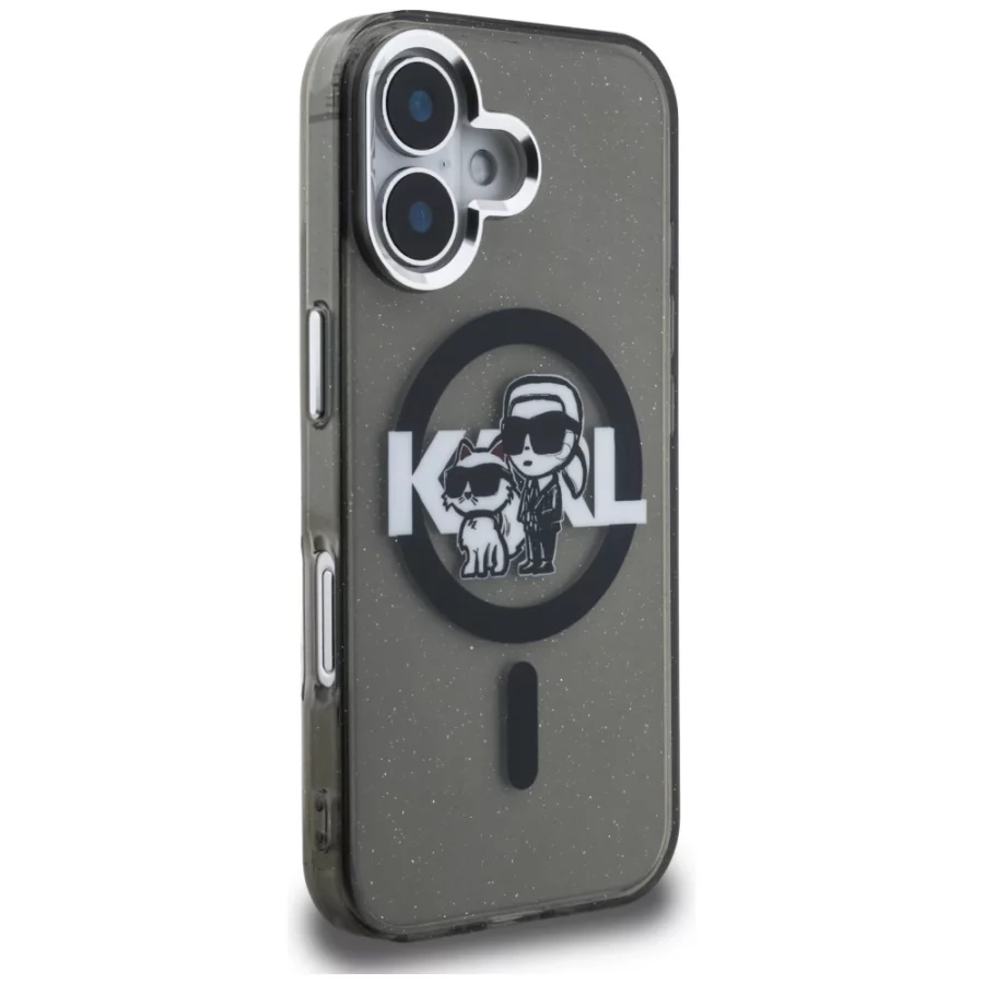 Etui Karl Lagerfeld IML Glitter Karl & Choupette Sketch Logo MagSafe na iPhone 16 - czarne