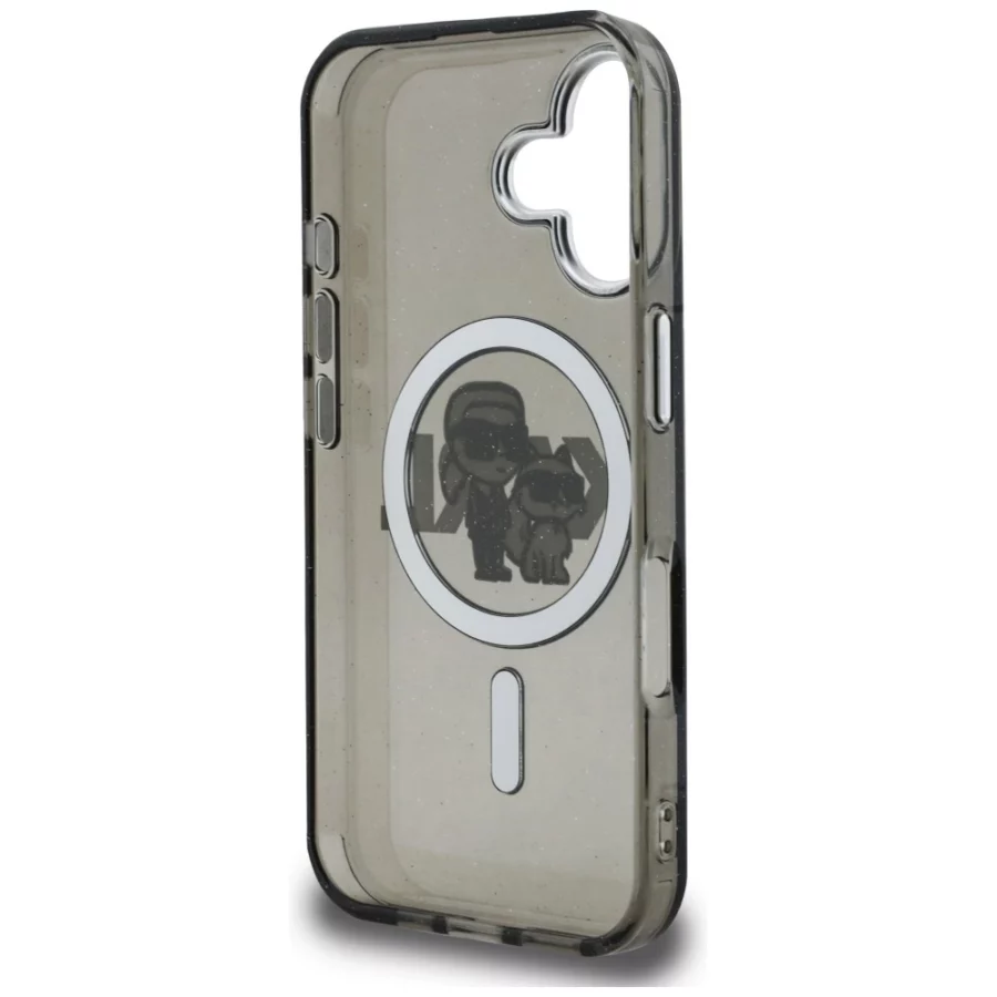 Etui Karl Lagerfeld IML Glitter Karl & Choupette Sketch Logo MagSafe na iPhone 16 - czarne