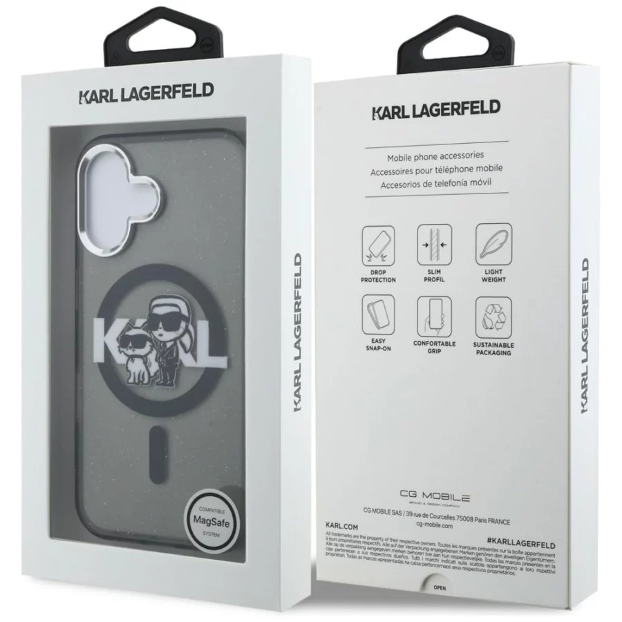 Etui Karl Lagerfeld IML Glitter Karl & Choupette Sketch Logo MagSafe na iPhone 16 - czarne