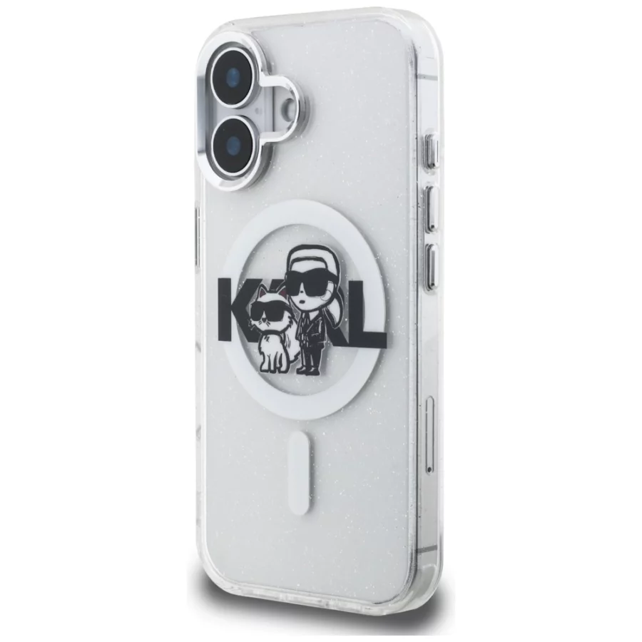 Etui Karl Lagerfeld IML Glitter Karl & Choupette Sketch Logo MagSafe do iPhone 16 - przezroczyste