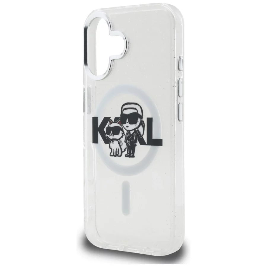 Etui Karl Lagerfeld IML Glitter Karl & Choupette Sketch Logo MagSafe do iPhone 16 - przezroczyste