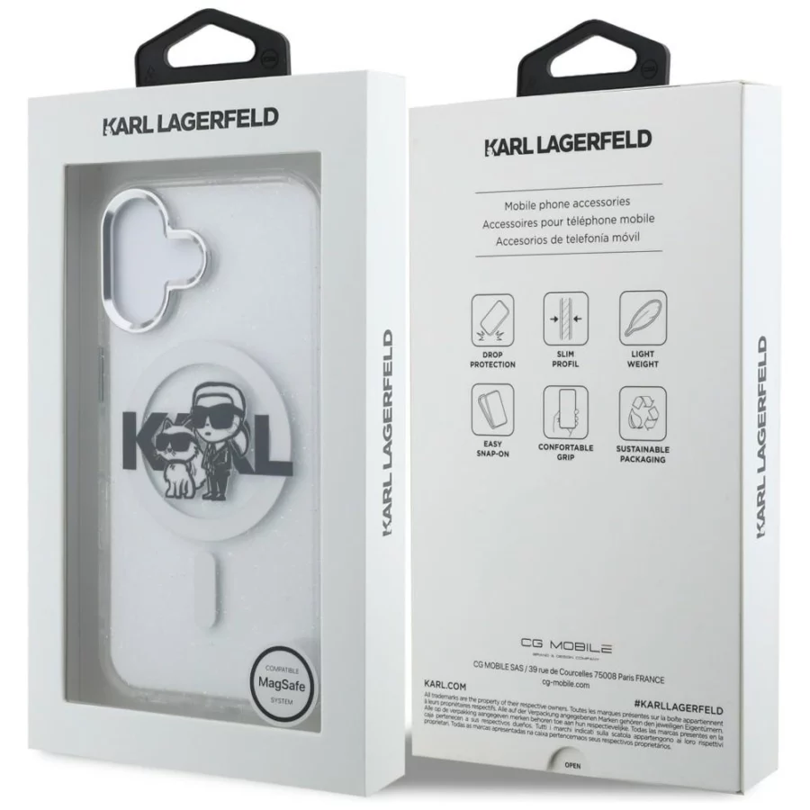 Etui Karl Lagerfeld IML Glitter Karl & Choupette Sketch Logo MagSafe do iPhone 16 - przezroczyste