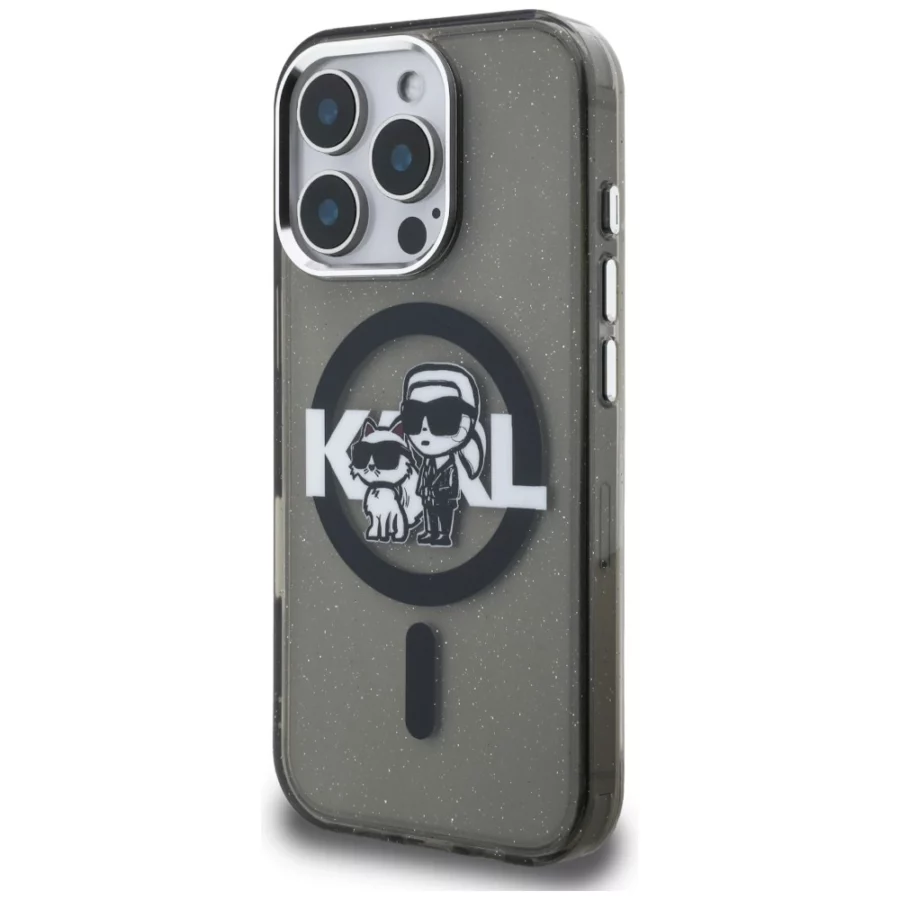 Etui Karl Lagerfeld IML Glitter Karl & Choupette Sketch Logo MagSafe na iPhone 16 Pro - czarne