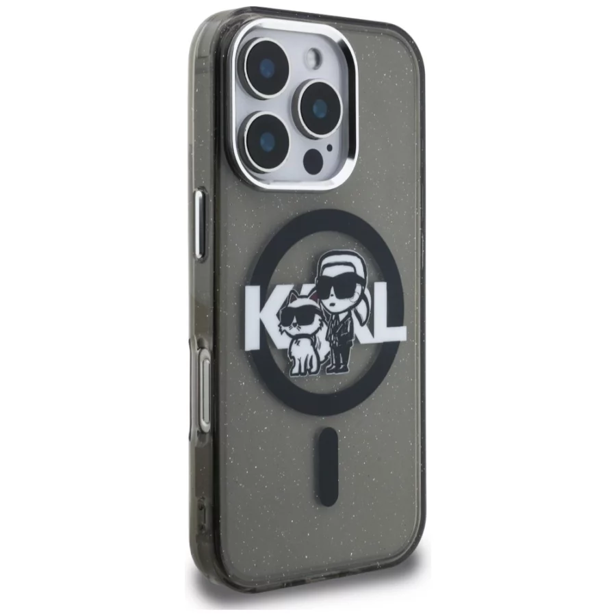 Etui Karl Lagerfeld IML Glitter Karl & Choupette Sketch Logo MagSafe na iPhone 16 Pro - czarne