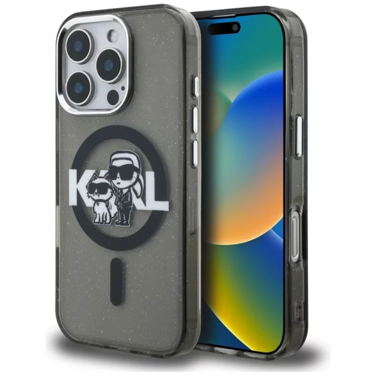 Etui Karl Lagerfeld IML Glitter Karl & Choupette Sketch Logo MagSafe na iPhone 16 Pro Max - czarne