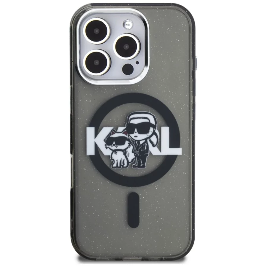 Etui Karl Lagerfeld IML Glitter Karl & Choupette Sketch Logo MagSafe na iPhone 16 Pro Max - czarne