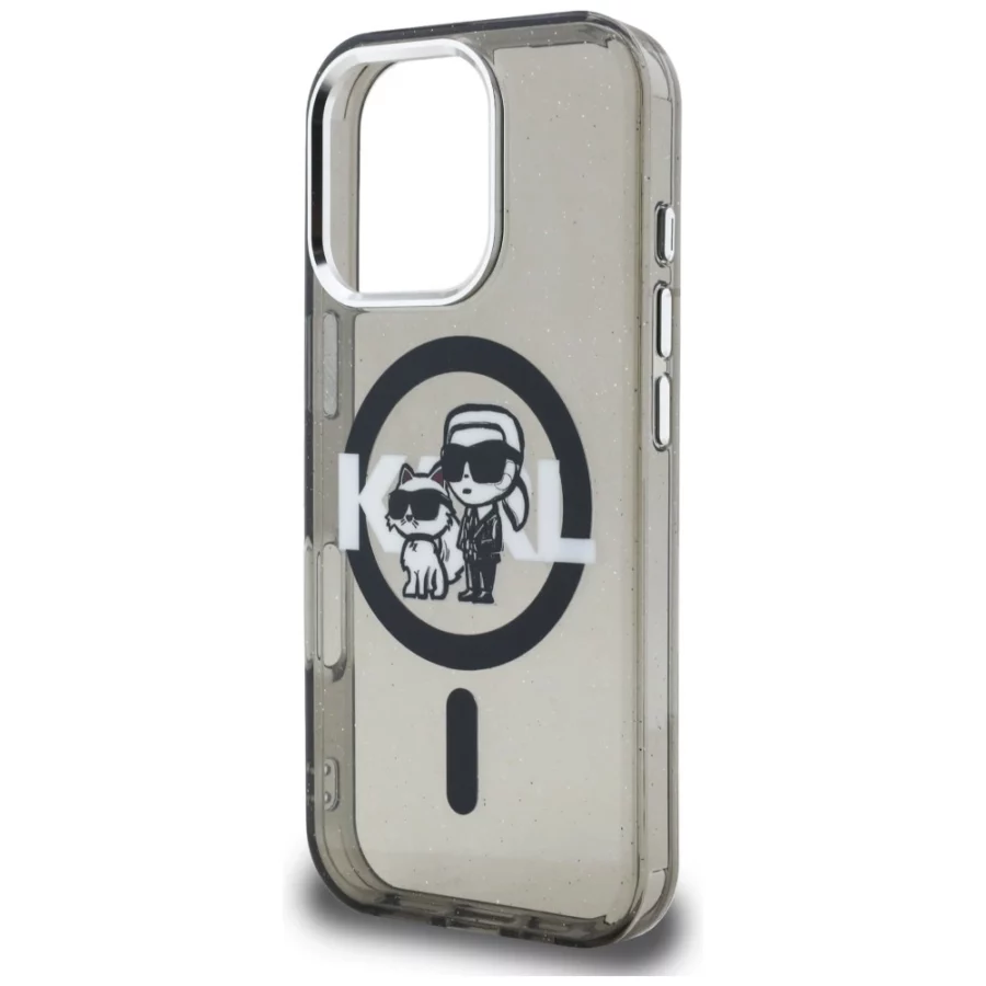 Etui Karl Lagerfeld IML Glitter Karl & Choupette Sketch Logo MagSafe na iPhone 16 Pro Max - czarne