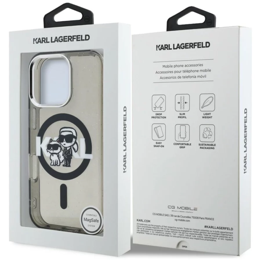 Etui Karl Lagerfeld IML Glitter Karl & Choupette Sketch Logo MagSafe na iPhone 16 Pro Max - czarne