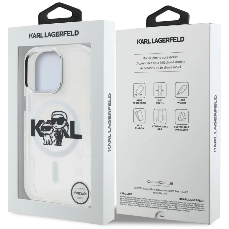 Etui Karl Lagerfeld IML Glitter Karl & Choupette Sketch Logo MagSafe na iPhone 16 Pro Max - przezroczyste