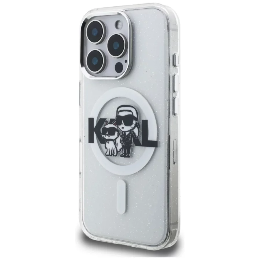 Etui Karl Lagerfeld IML Glitter Karl & Choupette Sketch Logo MagSafe na iPhone 16 Pro - przezroczyste