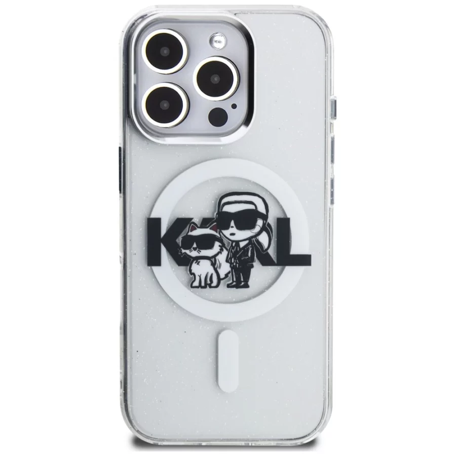 Etui Karl Lagerfeld IML Glitter Karl & Choupette Sketch Logo MagSafe na iPhone 16 Pro - przezroczyste