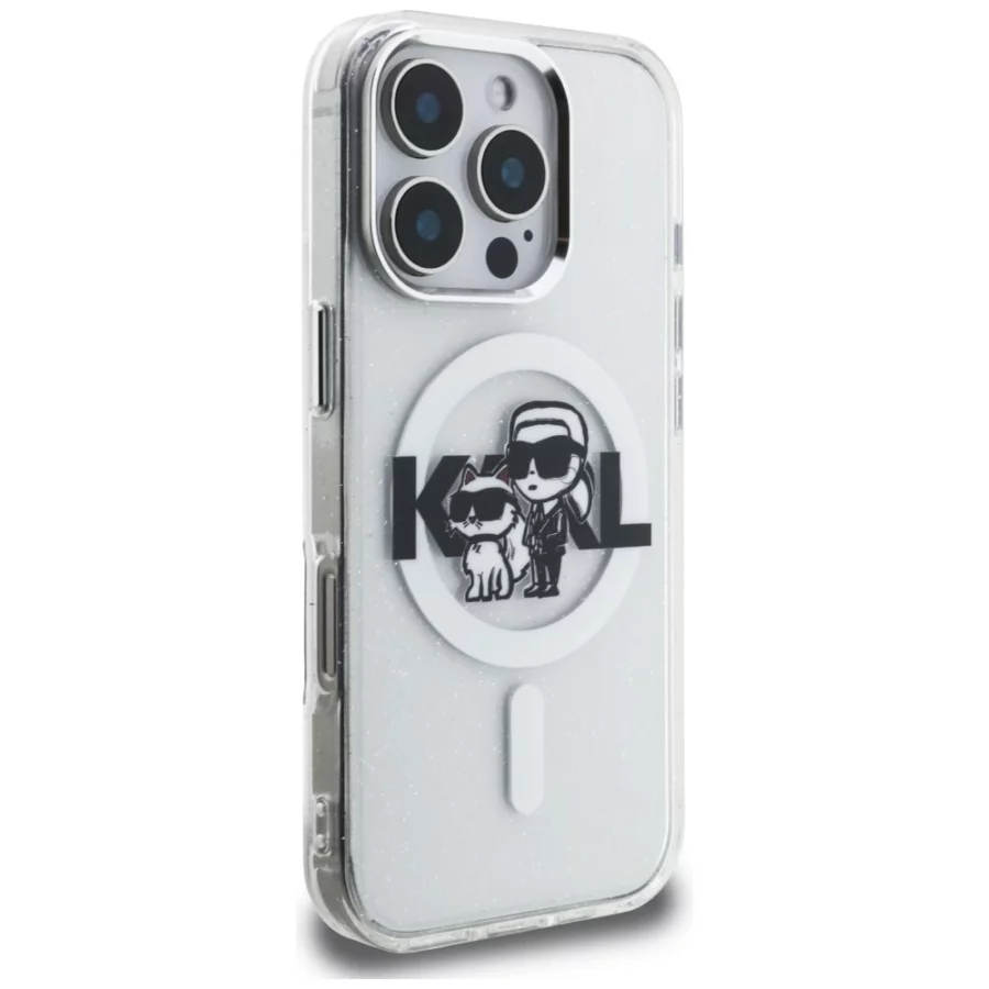 Etui Karl Lagerfeld IML Glitter Karl & Choupette Sketch Logo MagSafe na iPhone 16 Pro - przezroczyste