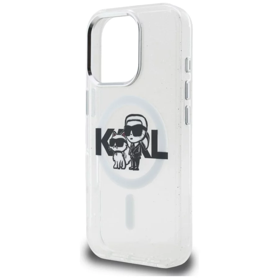 Etui Karl Lagerfeld IML Glitter Karl & Choupette Sketch Logo MagSafe na iPhone 16 Pro - przezroczyste