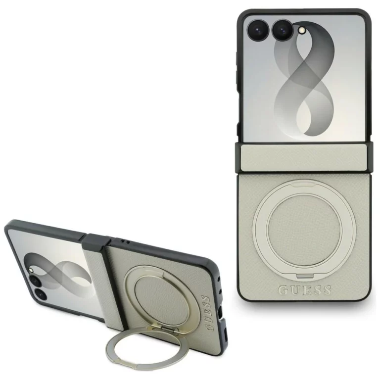 Etui Guess Magnetic Ring Stand Grained Classic Logo MagSafe na Samsung Galaxy Z Flip 8 - beżowe