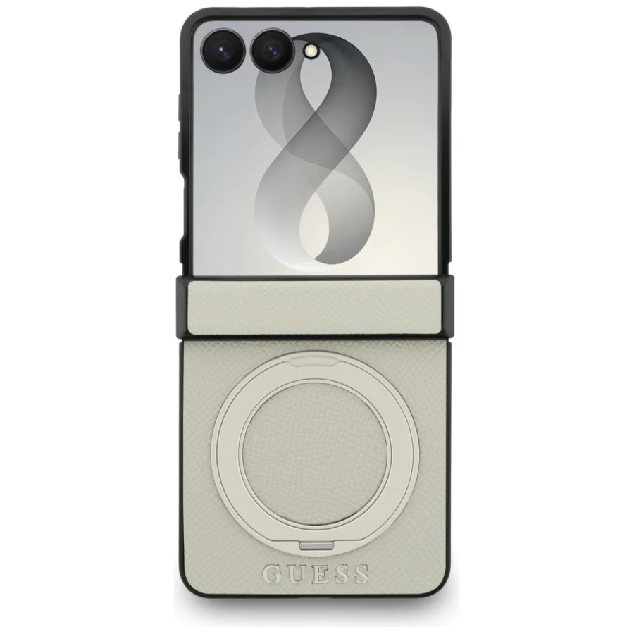 Etui Guess Magnetic Ring Stand Grained Classic Logo MagSafe na Samsung Galaxy Z Flip 8 - beżowe