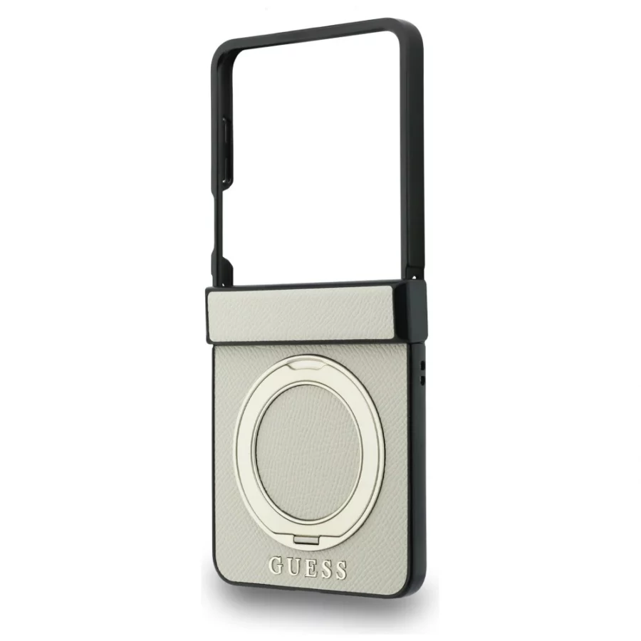 Etui Guess Magnetic Ring Stand Grained Classic Logo MagSafe na Samsung Galaxy Z Flip 8 - beżowe