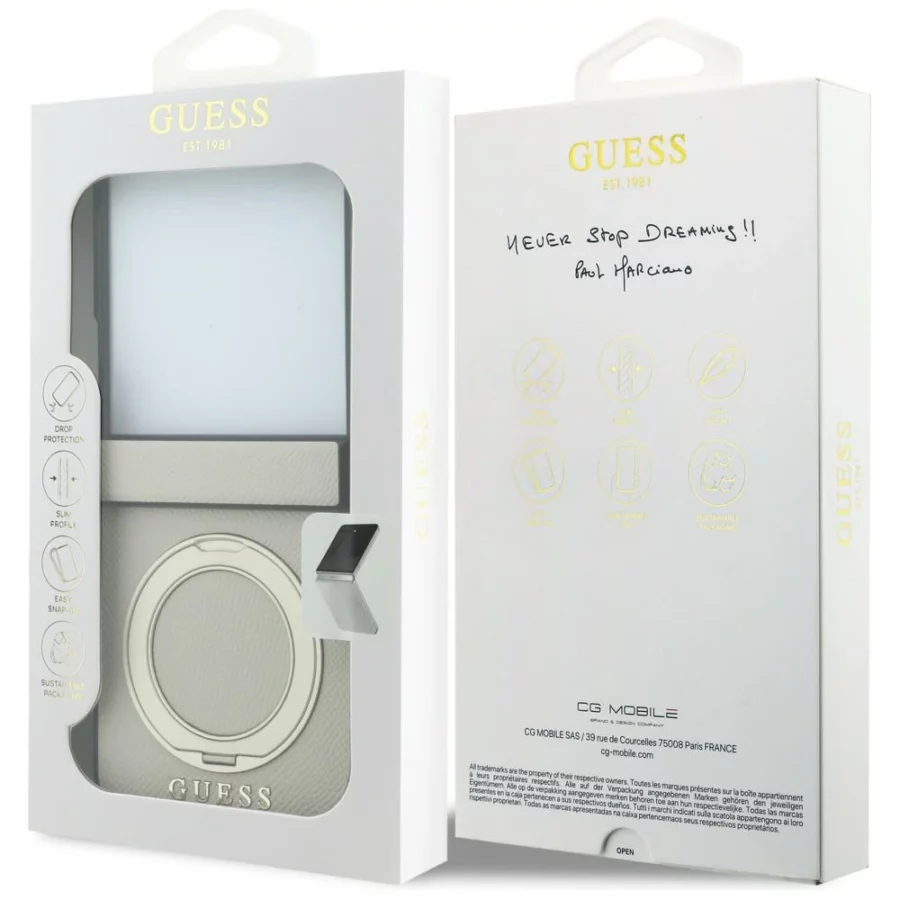 Etui Guess Magnetic Ring Stand Grained Classic Logo MagSafe na Samsung Galaxy Z Flip 8 - beżowe