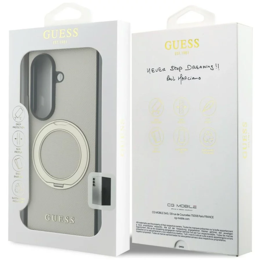 Etui Guess Magnetic Ring Stand Grained Classic Logo MagSafe na Samsung Galaxy Z Fold 8 Ultra - beżowe