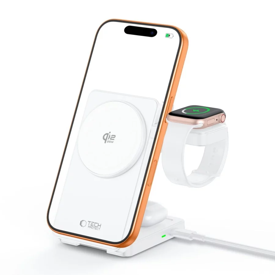 Ładowarka bezprzewodowa Tech-Protect A56 3in1 MagSafe 25W QI2.2 + kabel USB-C / USB-C 100 cm - biała