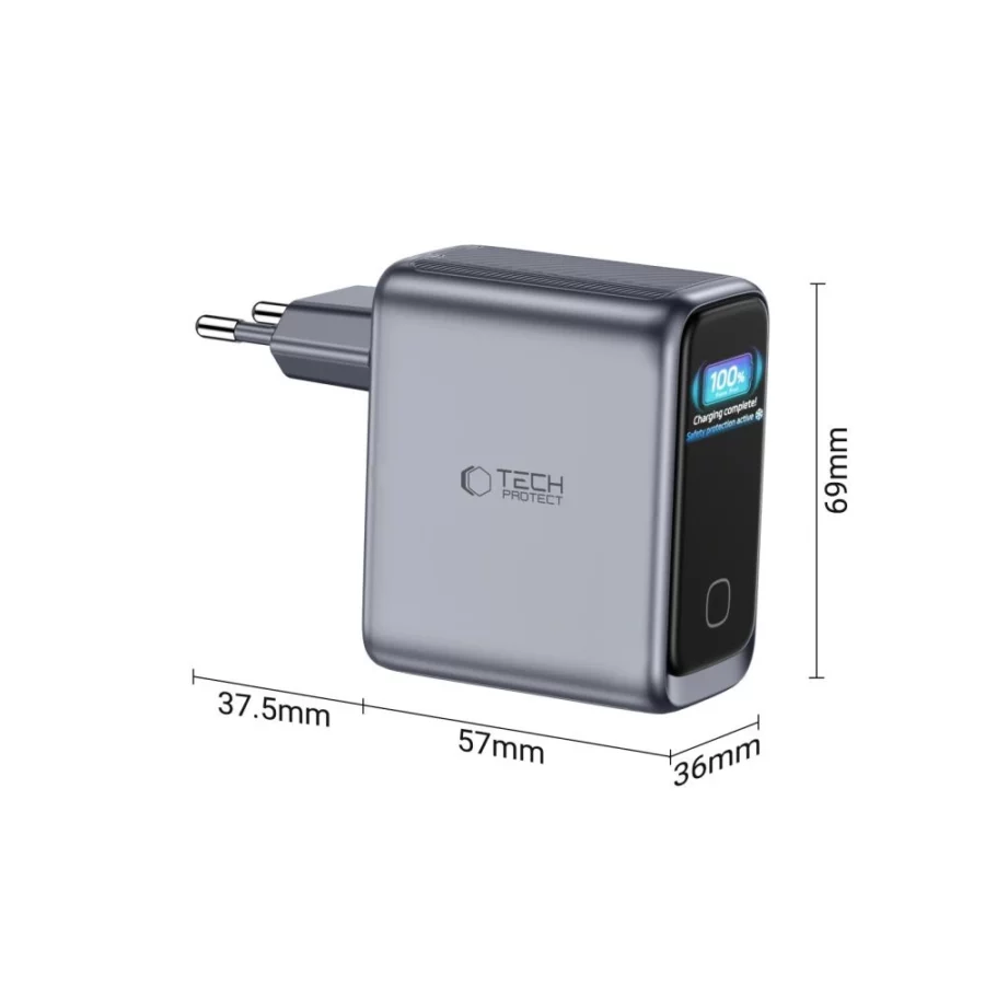 Ładowarka sieciowa Tech-Protect PowerVision NC100W-GaN 3-Port PD 100W / QC3.0 - ciemnoszara