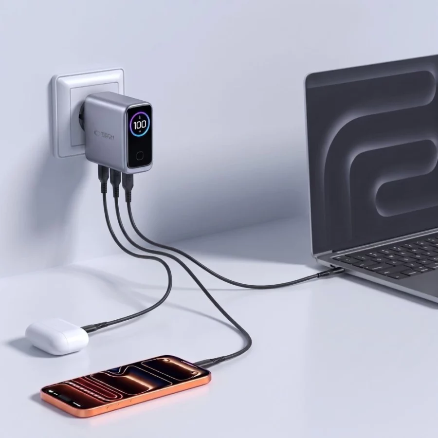 Ładowarka sieciowa Tech-Protect PowerVision NC100W-GaN 3-Port PD 100W / QC3.0 - ciemnoszara