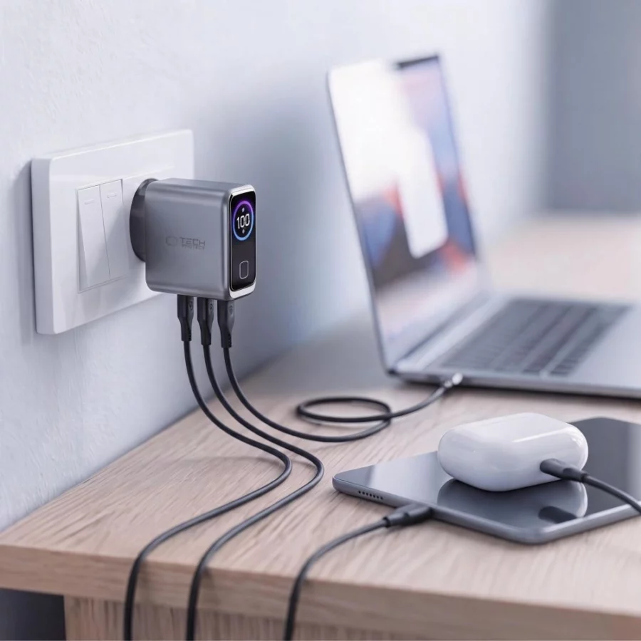 Ładowarka sieciowa Tech-Protect PowerVision NC100W-GaN 3-Port PD 100W / QC3.0 - ciemnoszara