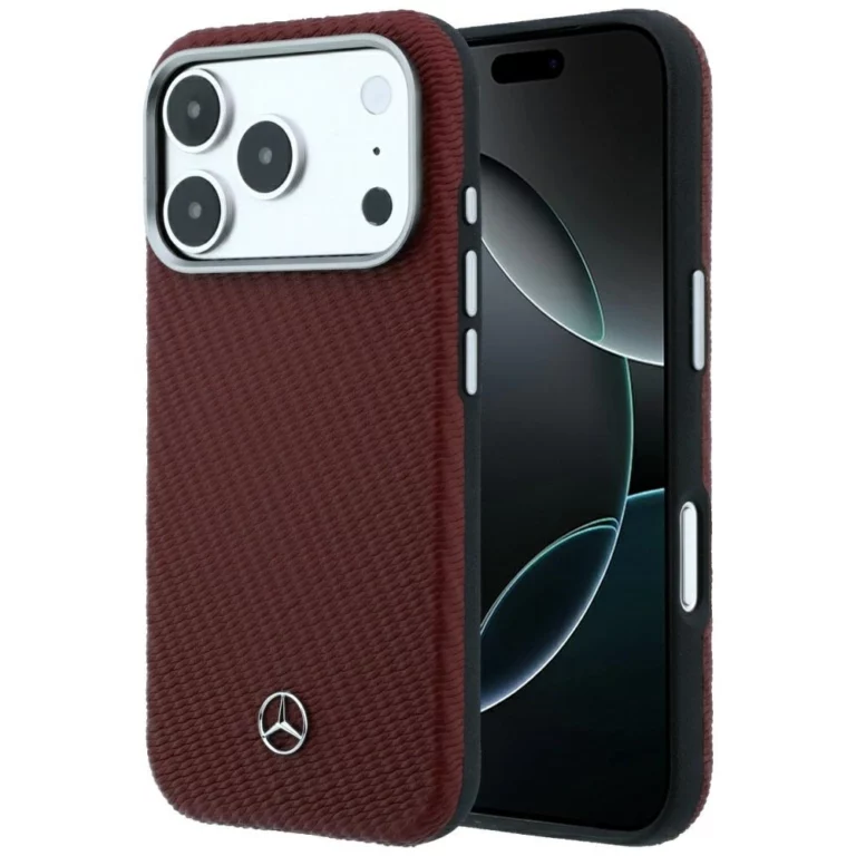 Etui Mercedes Leather Semi Wrap Wood Effect MagSafe na iPhone 17 Pro Max / 18 Pro Max - burgundowe