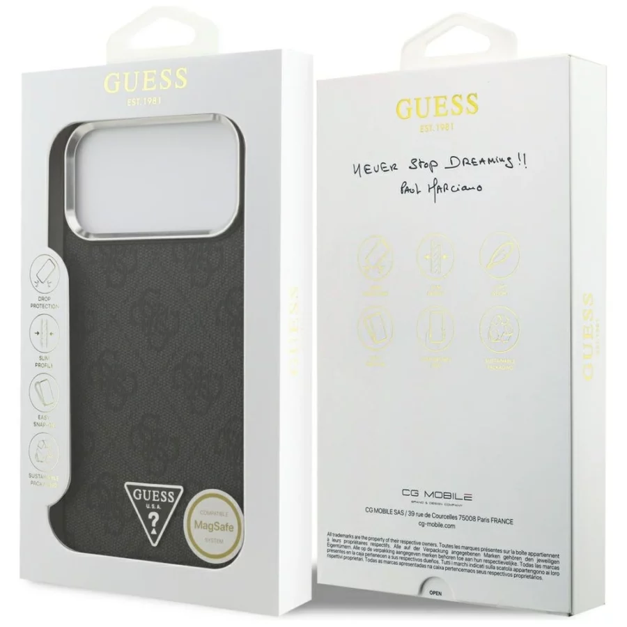 Etui Guess 4G Triangle Logo MagSafe na iPhone 17 Pro Max / 18 Pro Max - czarno-srebrne