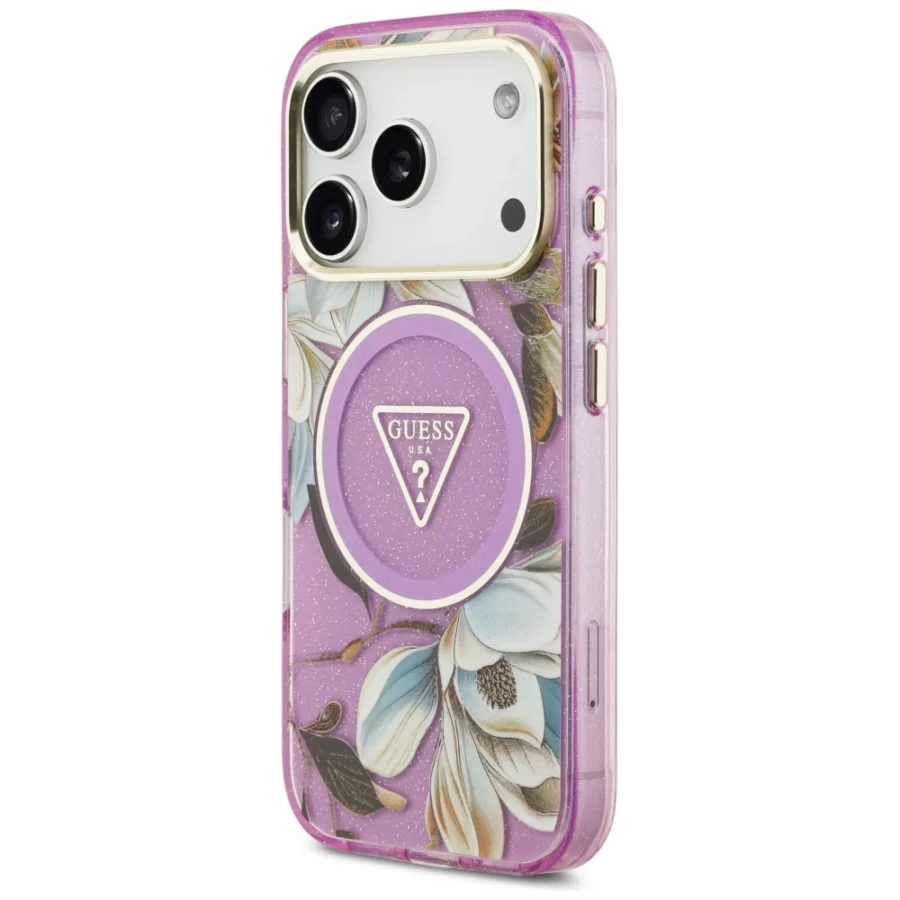 Etui Guess IML Glitter Flowers Triangle MagSafe na iPhone 17 Pro / 18 Pro - fioletowe