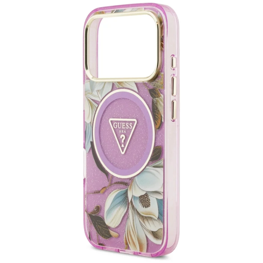 Etui Guess IML Glitter Flowers Triangle MagSafe na iPhone 17 Pro / 18 Pro - fioletowe