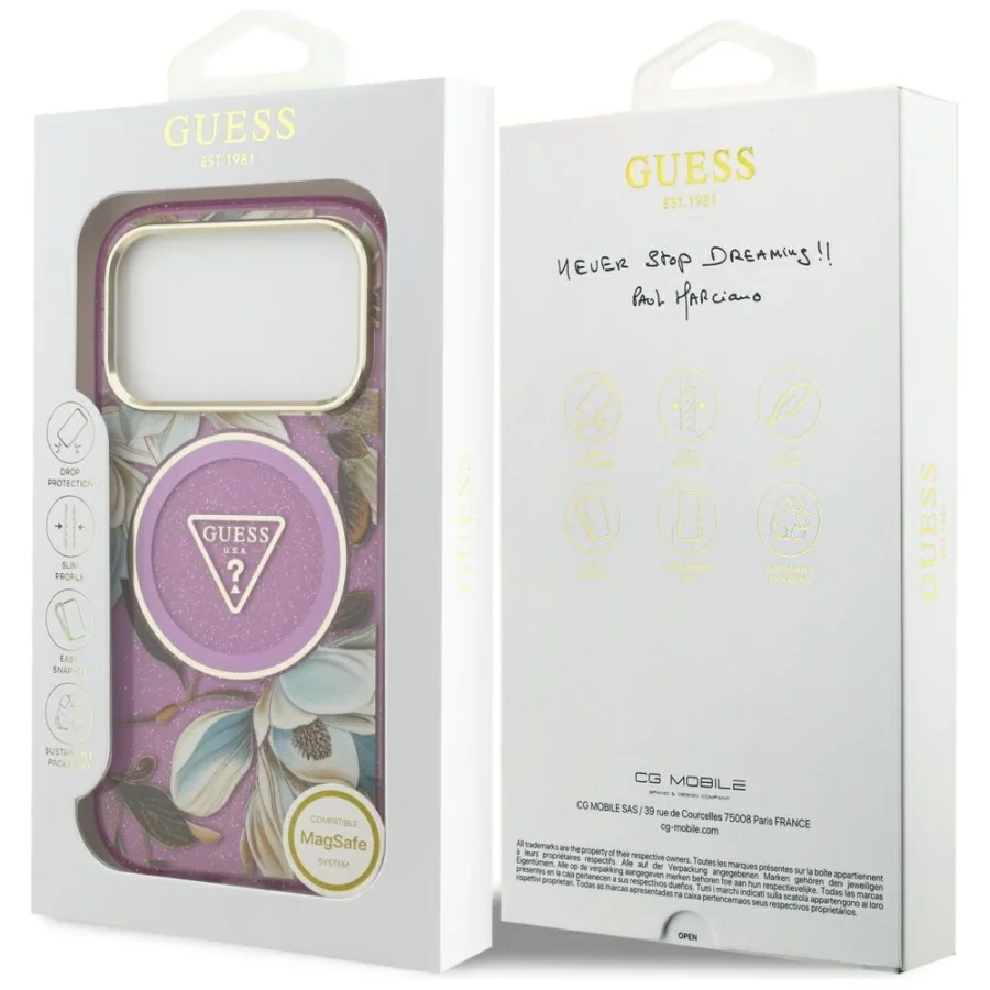 Etui Guess IML Glitter Flowers Triangle MagSafe na iPhone 17 Pro / 18 Pro - fioletowe