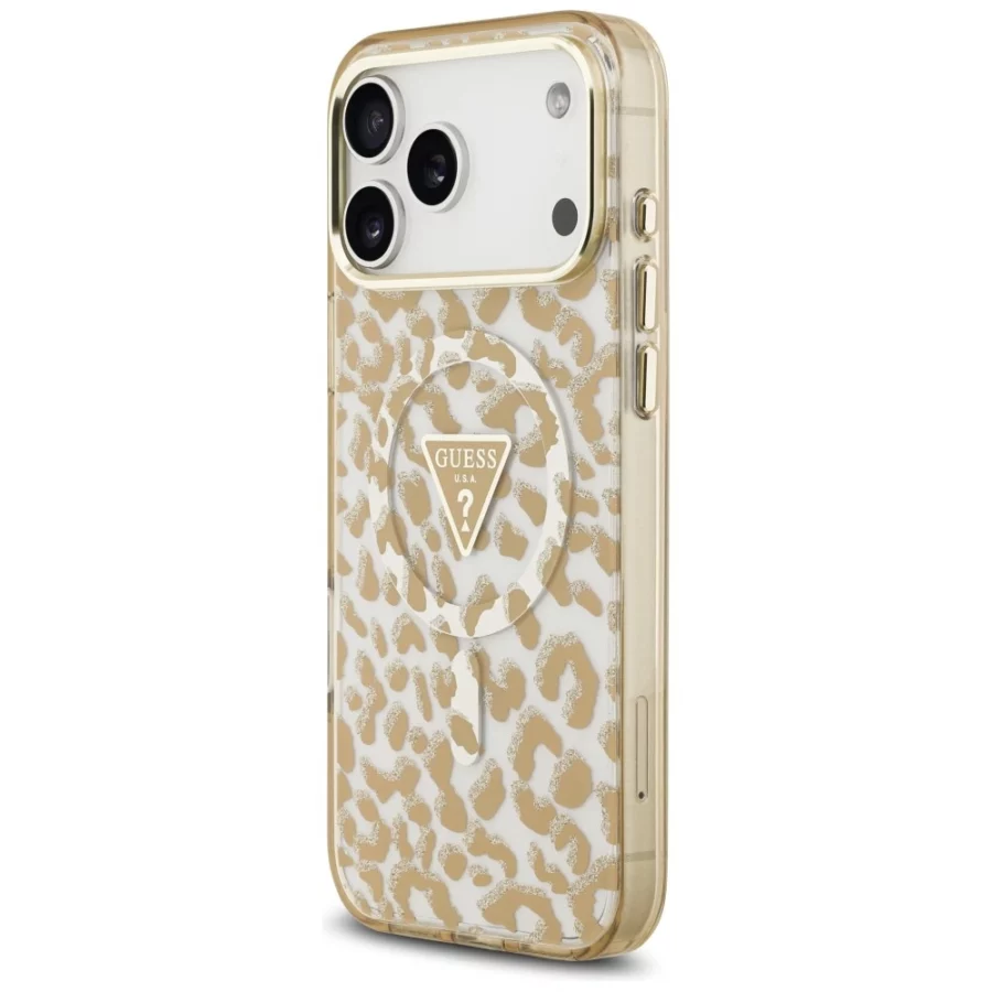 Etui Guess IML Leopard Glitter Triangle Logo MagSafe na iPhone 17 Pro / 18 Pro - brązowe