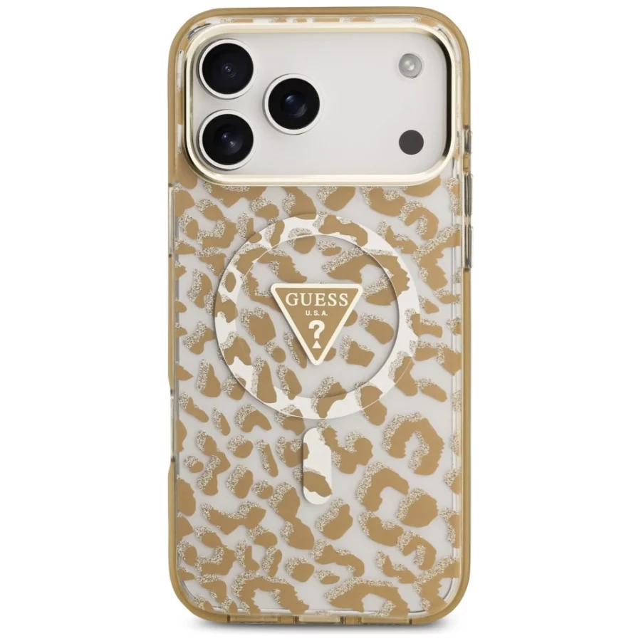 Etui Guess IML Leopard Glitter Triangle Logo MagSafe na iPhone 17 Pro / 18 Pro - brązowe
