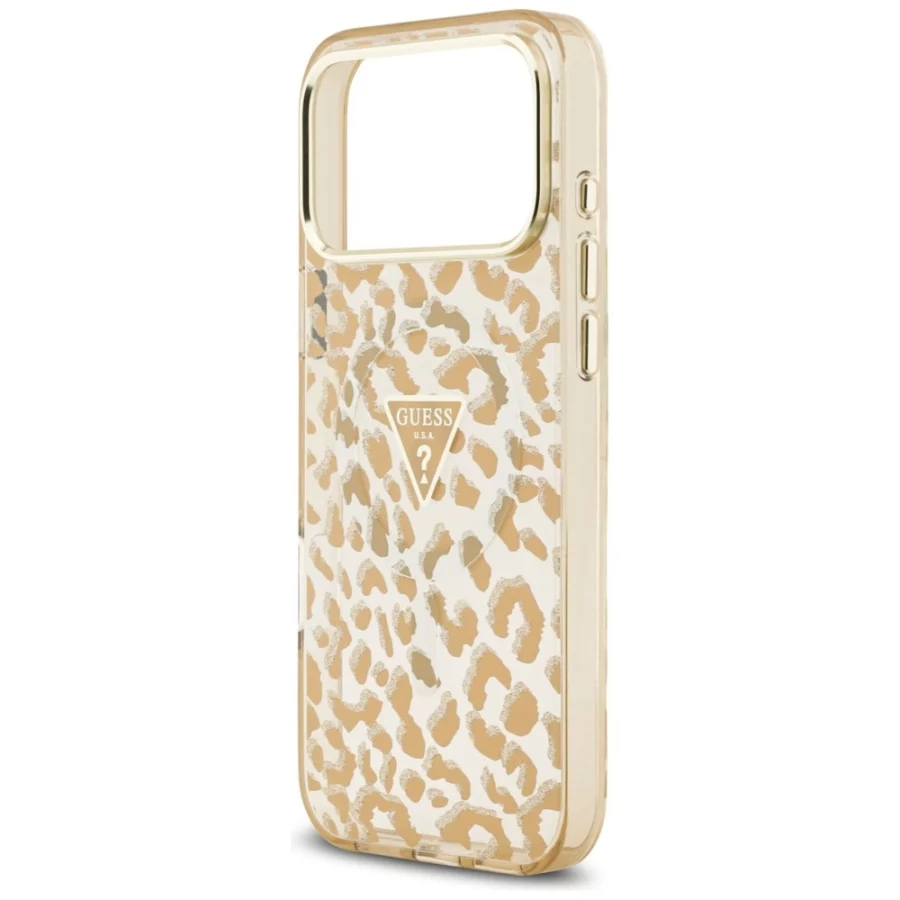 Etui Guess IML Leopard Glitter Triangle Logo MagSafe na iPhone 17 Pro / 18 Pro - brązowe