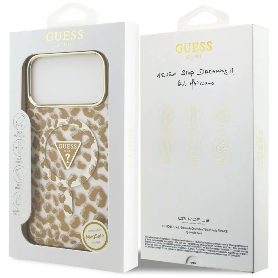 Etui Guess IML Leopard Glitter Triangle Logo MagSafe na iPhone 17 Pro / 18 Pro - brązowe
