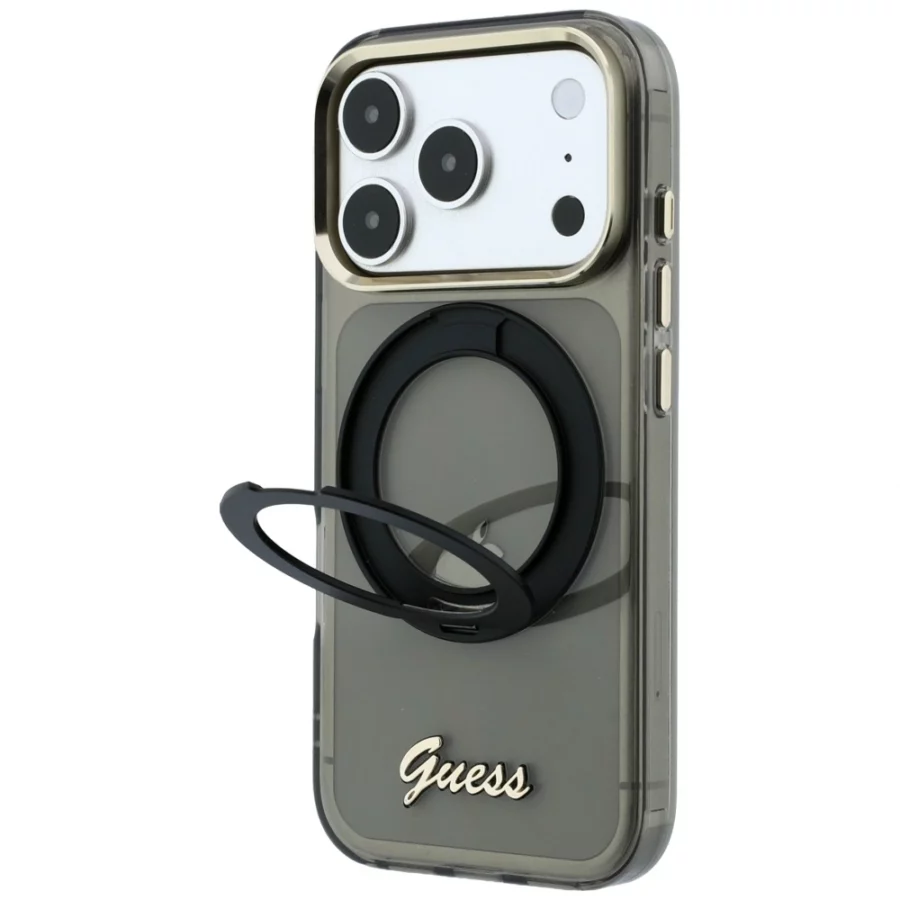 Etui Guess IML Ring Stand 360 Script Metal Logo MagSafe na iPhone 17 Pro / 18 Pro - czarne