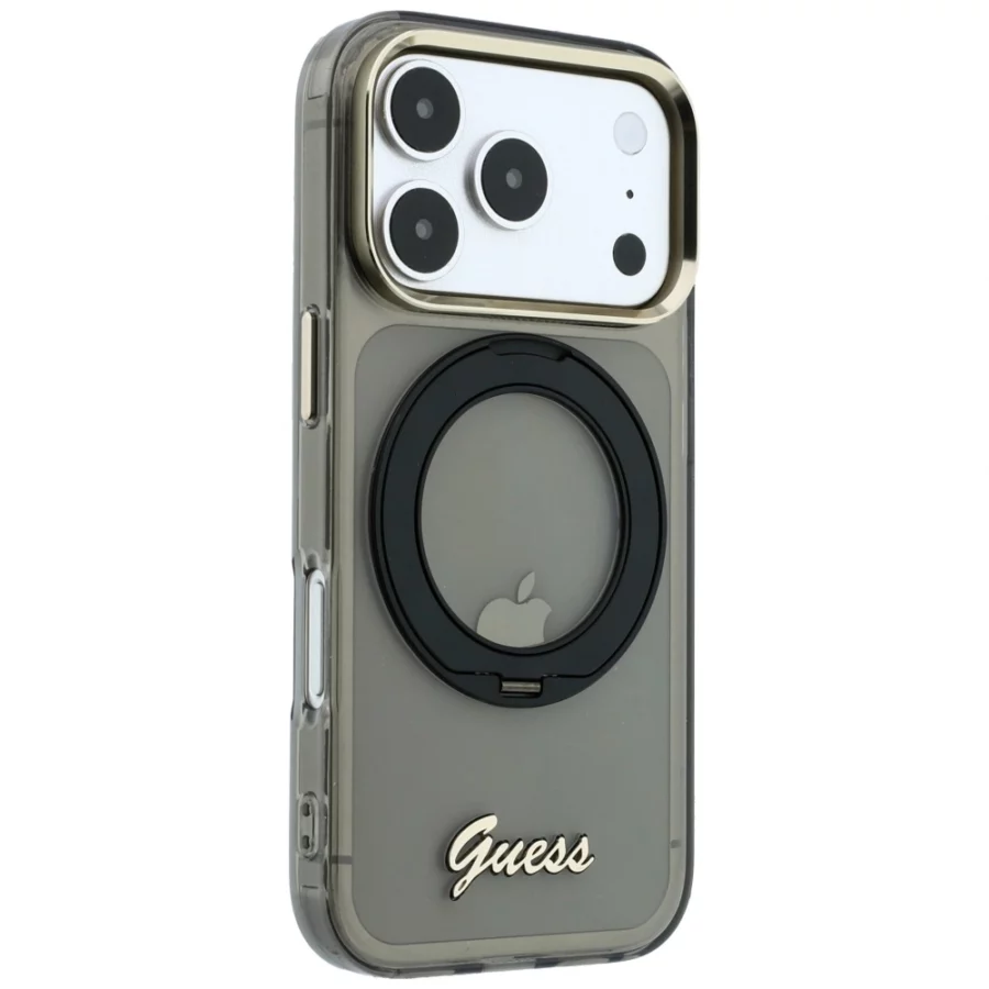 Etui Guess IML Ring Stand 360 Script Metal Logo MagSafe na iPhone 17 Pro / 18 Pro - czarne