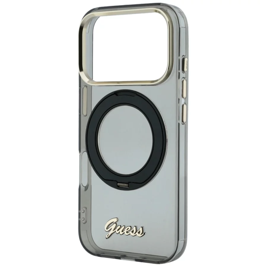 Etui Guess IML Ring Stand 360 Script Metal Logo MagSafe na iPhone 17 Pro / 18 Pro - czarne