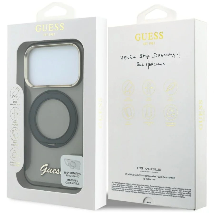Etui Guess IML Ring Stand 360 Script Metal Logo MagSafe na iPhone 17 Pro / 18 Pro - czarne