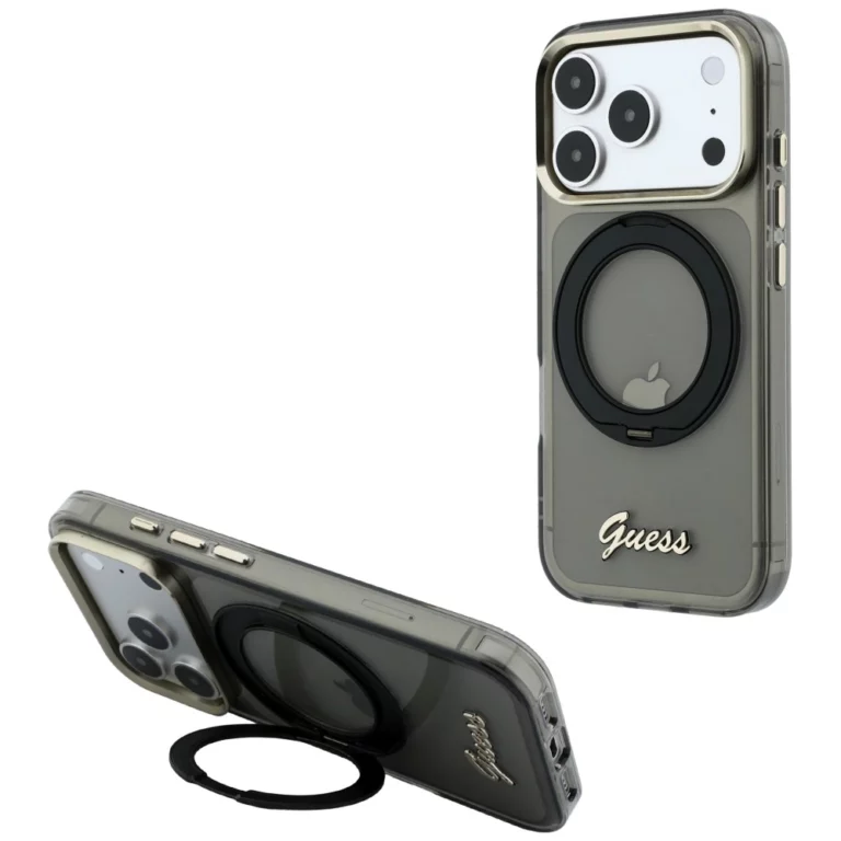Etui Guess IML Ring Stand 360 Script Metal Logo MagSafe na iPhone 17 Pro Max / 18 Pro Max - czarne