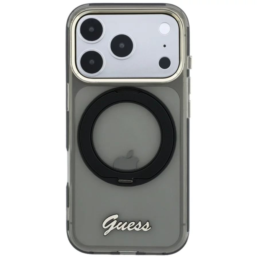 Etui Guess IML Ring Stand 360 Script Metal Logo MagSafe na iPhone 17 Pro Max / 18 Pro Max - czarne