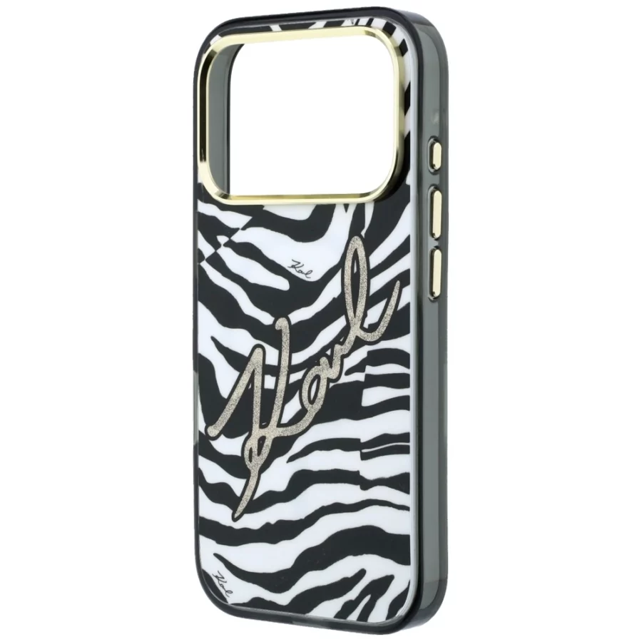 Etui Karl Lagerfeld IML Signature Zebra Glitter MagSafe na iPhone 17 Pro / 18 Pro - złote
