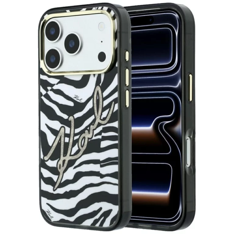 Etui Karl Lagerfeld IML Signature Zebra Glitter MagSafe na iPhone 17 Pro Max / 18 Pro Max - złote